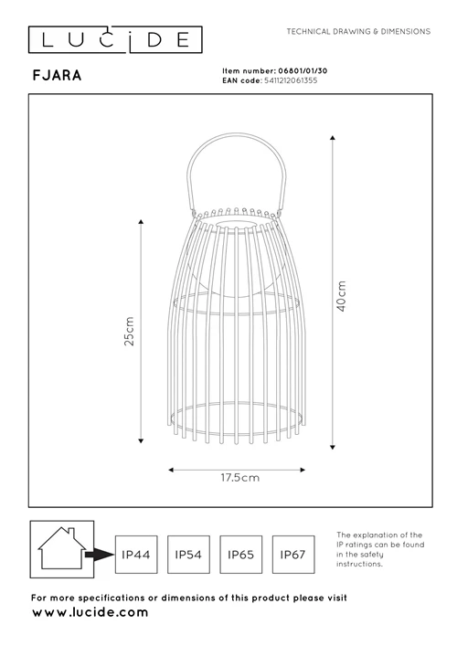 Lucide FJARA - wiederaufladbare Tischlampe Innen/Außen - Akku/Batterie - Ø 17,5 cm - LED Dim to warm - 1x0,3W 3000K - IP44 - Schwarz - technisch